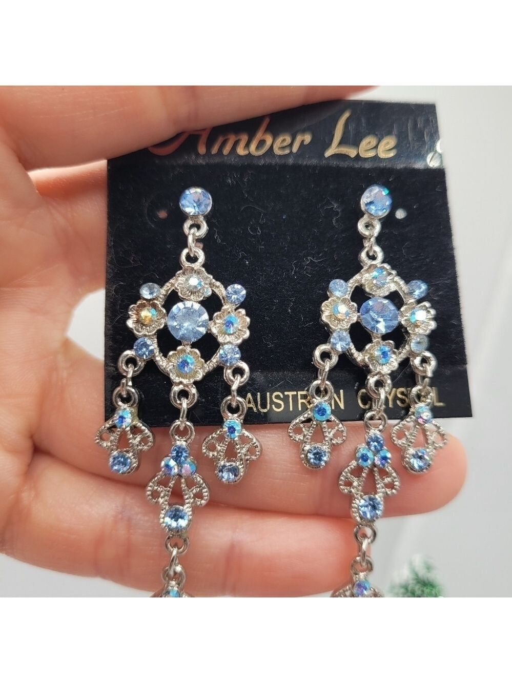 Austrian Crystal Long Dangle Earrings White Blue Amber Lee
